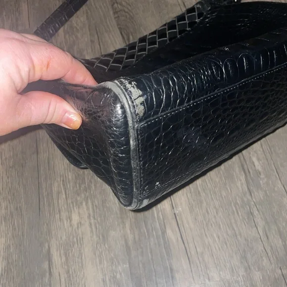BRAHMIN Black Croc Embossed / Woven Leather Shoulder Bag